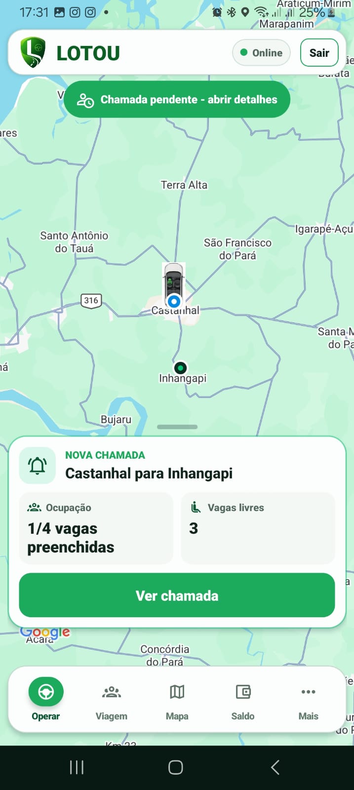 Tela real do aplicativo LOTOU para motoristas