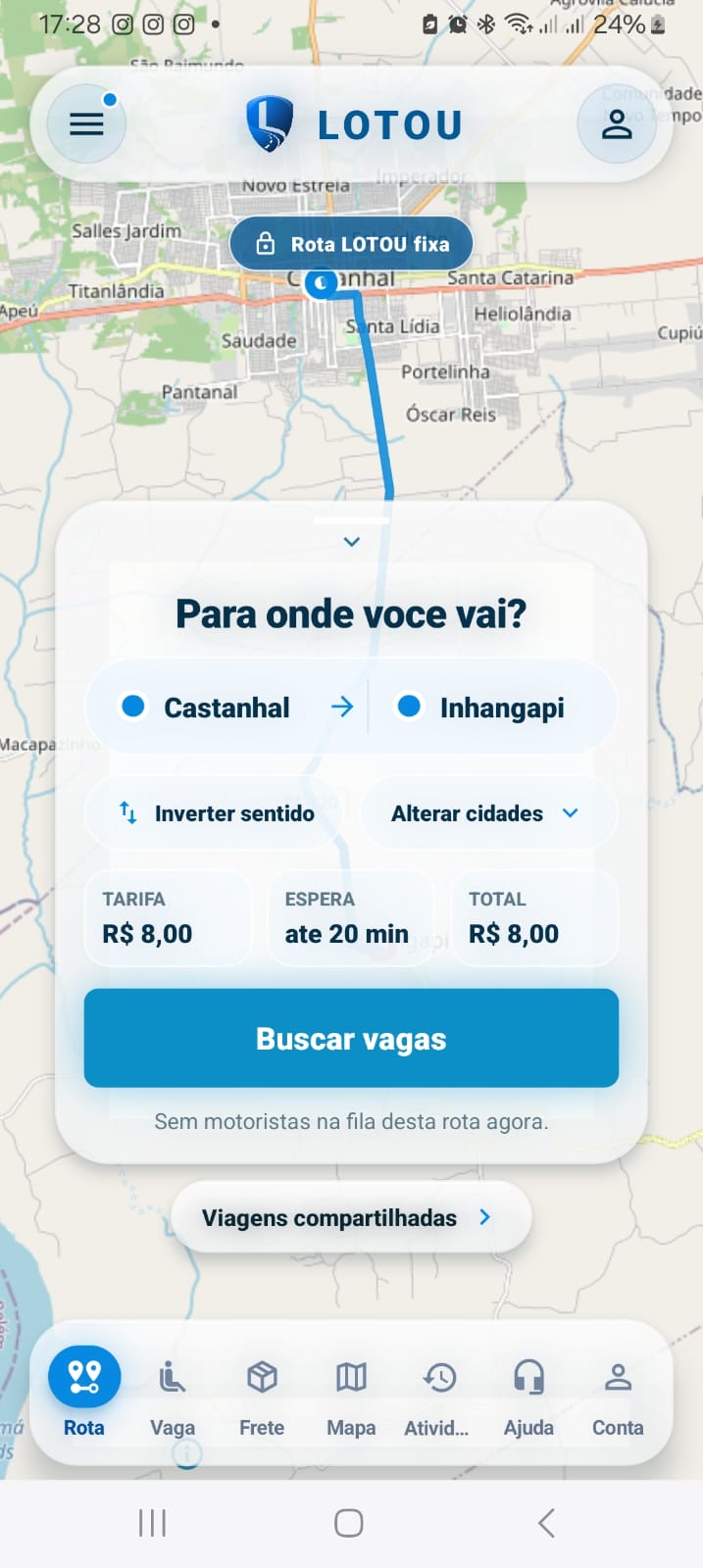 Tela real do aplicativo LOTOU para passageiros mostrando a rota Castanhal–Inhangapi